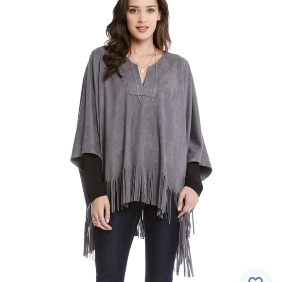 Karen Kane Faux Suede Fringe Poncho Top Size M/L 70 Oversized Gray Hippie Boho - Picture 1 of 14
